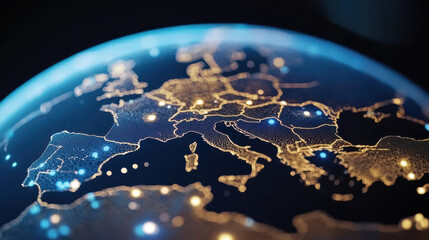 Earth globe illuminated network map at dusk with warm city lights and blue data glow