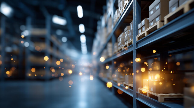 Automated warehouse panoramic view heavily defocused background showcasing smart technology and design efficient storage solutions visualization logistics innovation display - Powered by Adobe