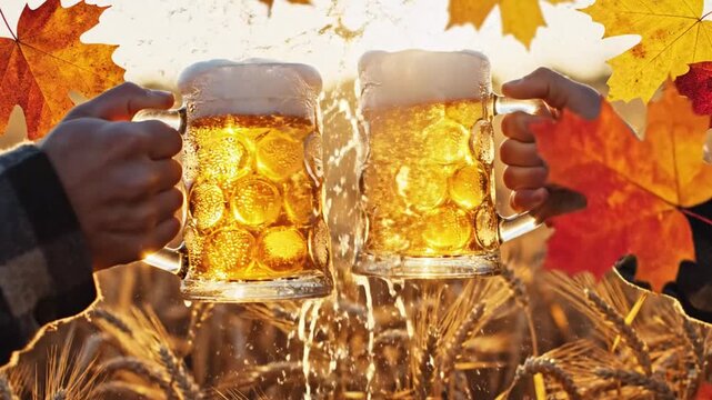 People toasting beer mugs with fall leaves in warm sunlight celebration or festivity concept