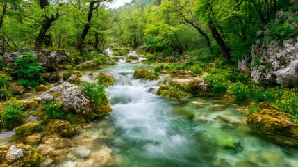Fototapeta premium Flowing river creating rapids through a lush green forest with mossy rocks and spring wildflowers