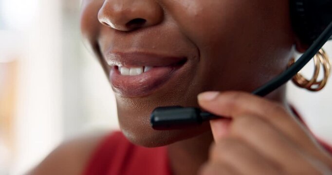 Call center, mouth and woman with headset, talk and telemarketing for sales, happy and consultation. Salesperson, lead generation and chat with contact for offer, smile and communication with mic