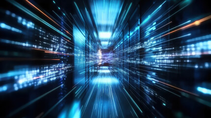 Futuristic server room corridor with glowing blue racks and motion blur evoking speed