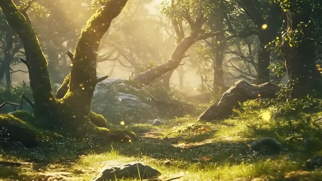 Enchanting Forest Scene with Sun Rays and Moss Covered Trees for Nature Backgrounds