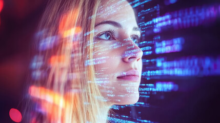 Young woman portrait with digital code overlay expressing futuristic technology focus
