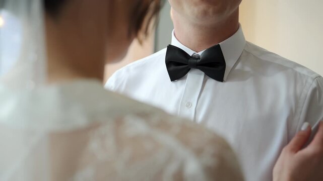 Bride adjusting Groom bow tie while getting ready for the wedding, capturing an elegant and intimate preparation moment