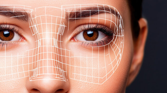 Brown eyed female face with biometric facial mapping overlay expressing focused confidence - Powered by Adobe