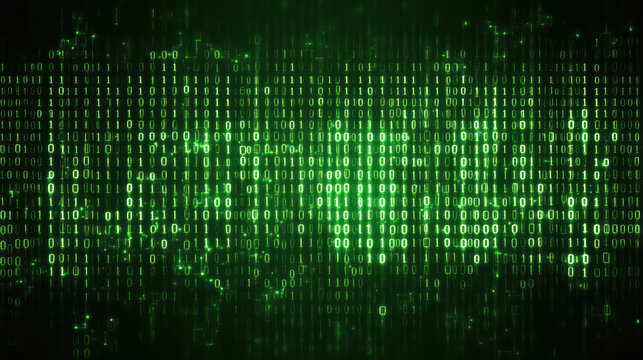 Glowing green binary code cascading across dark background conveying digital data flow