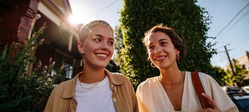 Two people standing outside during daylight hours.