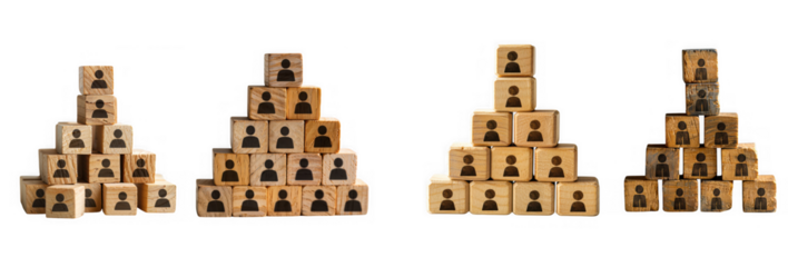 Stacked wooden blocks with human figures forming pyramid shapes in various arrangements