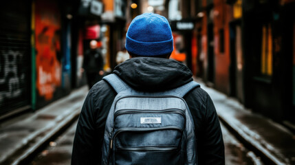 Obraz premium Traveler with blue beanie and backpack walking through vibrant mural alley