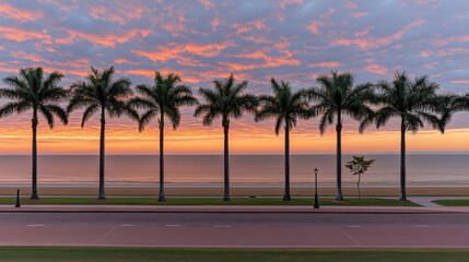 Tropical palm row silhouette along calm beach at colorful sunrise with peaceful mood