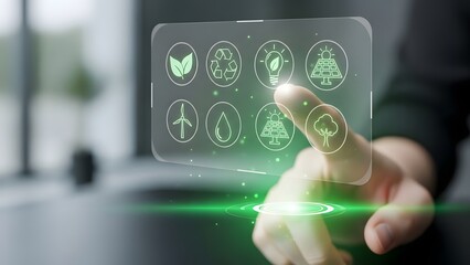Futuristic Technology Interface Showcasing Renewable Energy Icons and Sustainable Practices