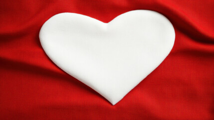 White heart on red fabric background with soft folds evoking romantic warmth