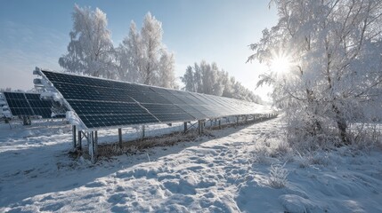 Obraz premium A solar panel field, partially covered in snow, glistens under a bright winter sun, near frost-covered trees