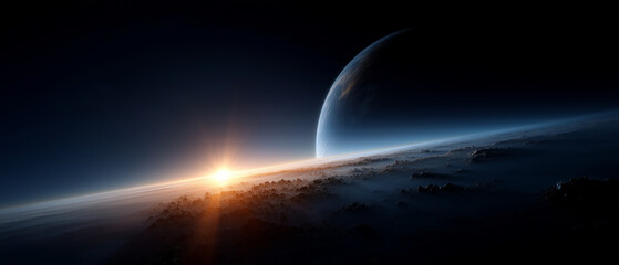 Epic sunrise over a group of planets in deep outer space, dramatic cosmic scene with multiple planets and moons aligned near a glowing star, bright blue-white light emerging from b