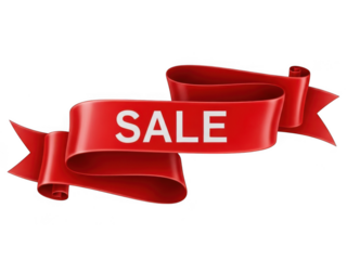 Dynamic red sale ribbon announcing special discounts and promotions transparent background