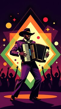 Black musician in a purple suit playing an accordion. Energetic Zydeco music performance for a festival. Mardi Gras celebration with a dancing crowd