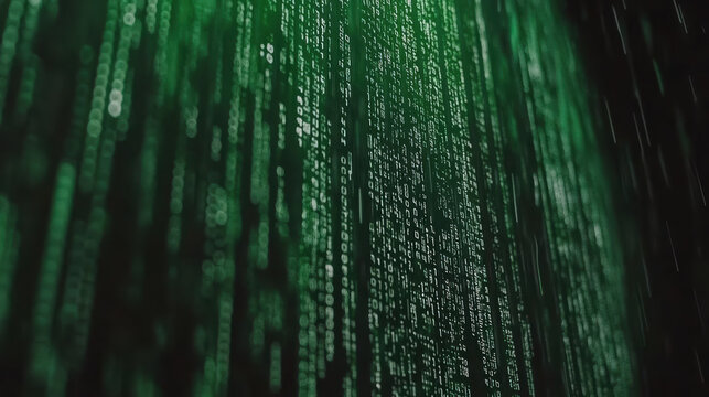 Green binary code cascade abstract digital rain conveying cyber mystery and tension