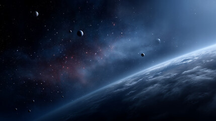 Fototapeta premium A wide panoramic seamless outer space background filled with numerous detailed planets of different sizes and colors, realistic textures and subtle surface details, glowing stars a