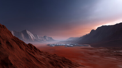 Naklejka premium A futuristic human settlement on the surface of Mars, vast red desert landscape under a dusty orange sky, advanced space base with modular habitats, landing platforms and communica