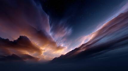 Fototapeta premium A serene and dramatic cosmic scene of a vibrant nebula cloud floating in deep outer space, swirling colors of vivid orange, purple, and blue blending with dark starry background, i