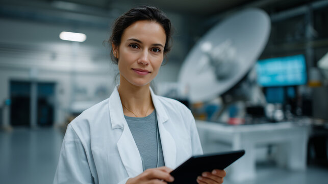 Confident female scientist holding tablet in modern research facility, professional engineer in high tech laboratory, innovation, data analysis, biotechnology,science future technology with copy space