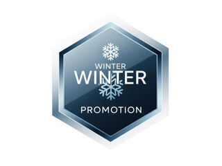 Winter promotion hexagonal emblem with snowflake icon and metallic border transparent background