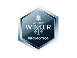 Winter promotion hexagonal emblem with snowflake icon and metallic border transparent background