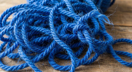 Messy tangle of electric blue woolen wires with loose fibers
