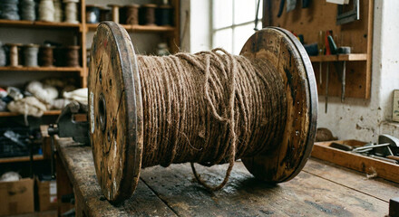 Industrial wooden spool wound with thick brown woolen wire