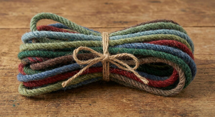 Bundle of multi colored woolen wires tied with simple string