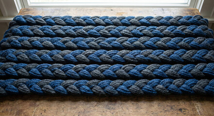 Blue and gray braided woolen cables arranged in parallel lines