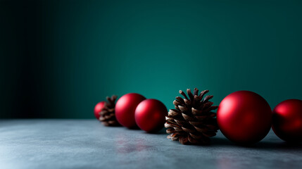 Minimalist Christmas flat lay scene with a row of red Christmas baubles and natural pine cones arranged along the bottom edge of a textured deep green background, matte and glossy