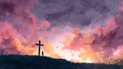 A solitary figure stands before a cross atop a hill, silhouetted against a vibrant, watercolor-style sunset sky