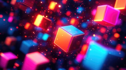Floating Neon Cubes in Digital Space Representing Artificial Intelligence and Big Data Visualization