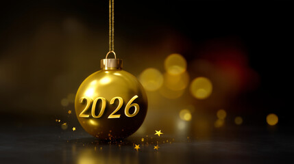 A luxurious cinematic New Year 2026 festive composition featuring elegant metallic gold numbers "2026" floating against a deep dark warm gradient background, where the zero is repl