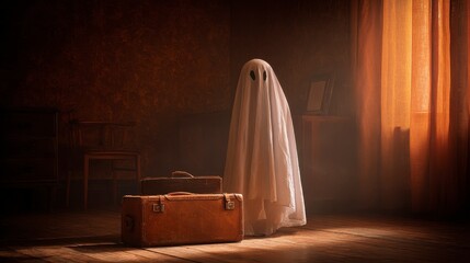 A spectral figure draped in white sheet stands in a dimly lit, vintage room, old suitcases at its feet, sunlight streaming