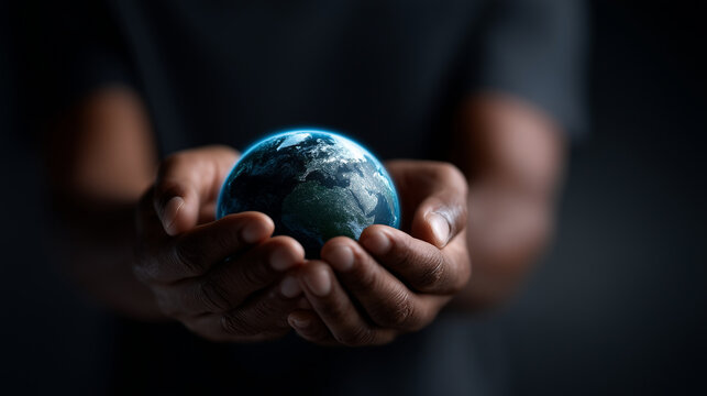 Hands holding planet Earth in dark background, global protection, sustainability concept, environmental care, save the planet, ecology, world responsibility, climate change awareness, copy space