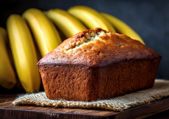 A warm loaf of banana bread sits on a rustic wooden board, with a soft burlap cloth underneath. Behind, a cluster of bright yellow bananas adds a cheerful touch to the cozy scene.