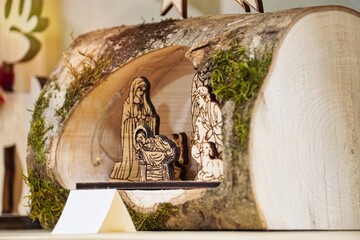 Miniature nativity scene in a wooden trunk