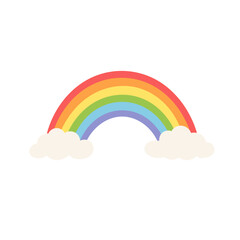 Colorful rainbow illustration with soft clouds, flat vector style symbolizing joy and hope, rainbow design for kids projects, weather icons, positive branding, rainbow mood