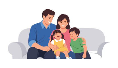 Happy Young Family Sitting Together on Sofa Illustration.