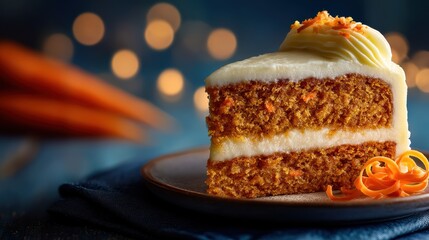 Carrot cake slice with cinnamon dust and ribbons for holiday present