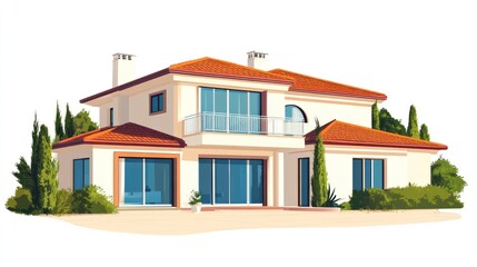 Modern house illustration with red roof and landscaping on white background