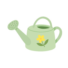 Green watering can illustration in flat vector style with small yellow flower decoration, garden watering can for plants, spring gardening tool, cute simple design, isolated on white background
