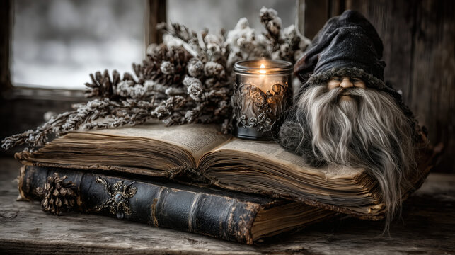 Cozy Winter Reading Scene With Candle, Old Book and Gnome Figure, Warm Rustic Still Life