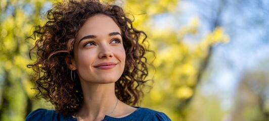 Woman posing outdoors during daylight hours, smiling at camera, with curly hair, wearing a blue shirt, standing near yellow flowers and green grass, under a clear sky.
