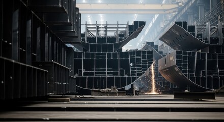 Rows of massive steel plates and framework stacked and ready for the next stage of cruiseship megablock construction inside the hall.