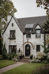 A picturesque white stone house adorned with black trim sits elegantly amidst a vibrant garden in a tranquil suburban neighborhood during the beautiful autumn season
