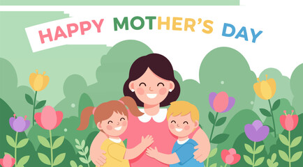 Happy Mother's Day Illustration with Mother Hugging Her Children